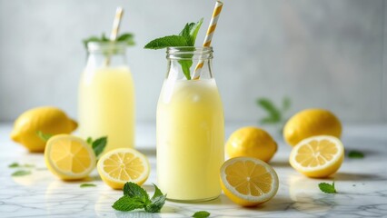 Refreshing lemon drinks with mint on a marble countertop surrounded by fresh lemons