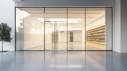 3d front glass window and door in store mockup. Realistic empty office or storefront showroom boutique building facade with light from lamp. Vitrine with reflection in supermarket illustration