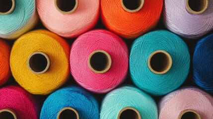 Colorful spools of thread arranged in a grid pattern. Concept of sewing, tailoring, and crafting.