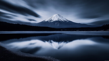 dark and dramatic icy landscape with a mysterious, reflective water body, creating a cold and serene yet foreboding atmosphere.