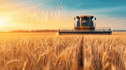 Obraz premium Combine harvester working in wheat field with stock market chart overlay. Concept of agriculture, farming, and commodity trading.