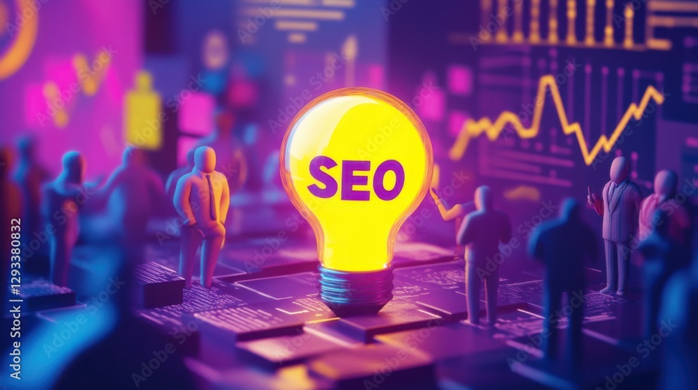 Poster Illuminating ideas on SEO with vibrant graphics and abstract figures representing data analysis and growth strategies