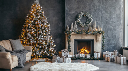 Fototapeta premium Living room with Christmas tree, fireplace and sofa at night. Vector cartoon illustration of home interior with New Year decoration, Xmas fir with silver balls and garland