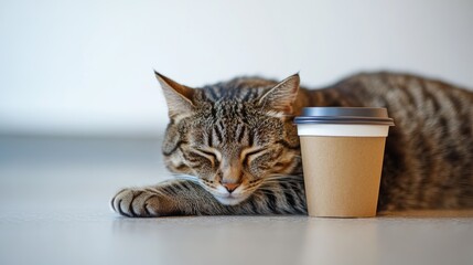 A cat is resting on the floor. There is a paper cup with coffee next to it. The cat's front paw is resting on the cup. The background is white.