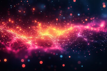 Vibrant abstract representation of cosmic energy with glowing particles and colorful waves in a dark space