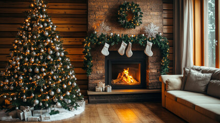 Fototapeta premium Living room with Christmas tree, fireplace and sofa at night. Vector cartoon illustration of home interior with New Year decoration, Xmas fir with silver balls and garland
