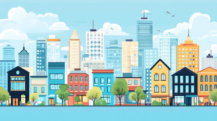Fototapeta premium Buildings poster with isometric house, office and store isolated on blue background. Vector horizontal banner of city architecture with facade of residential, business and commercial buildings
