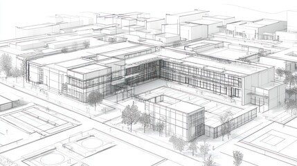 Modern school campus architectural design; city background; planning