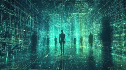Exploration of a digital realm with human silhouettes and flowing matrix code in a futuristic landscape. Generative AI