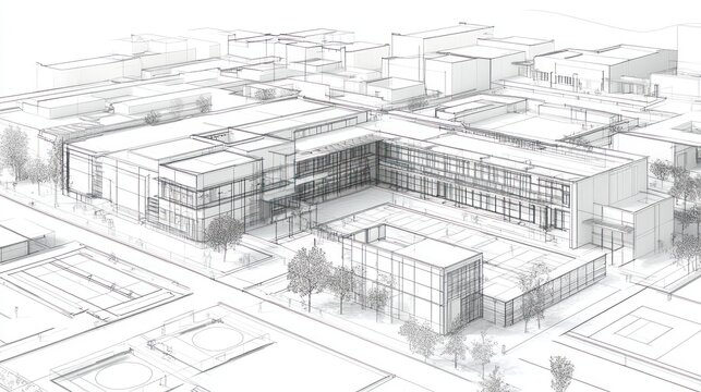 Modern school campus architectural design; city background; planning