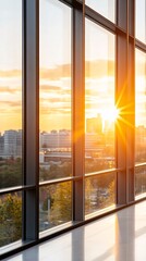 Fototapeta premium Contemporary glass facade of a professional office building, capturing reflections of the sky and nature, ideal for real estate and business promotions.