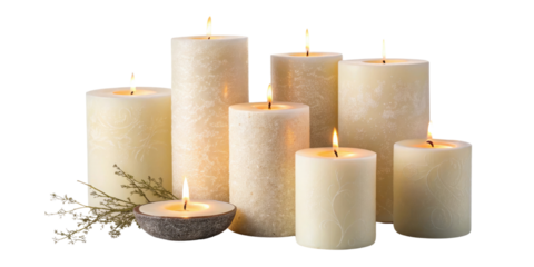 Set of pillar candles with flames illuminated, cut out
