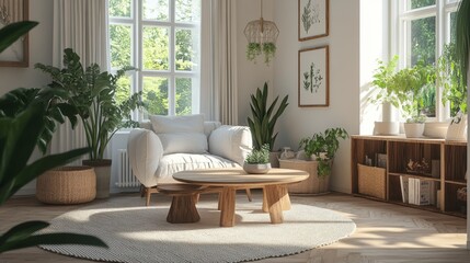 A living room with a comfortable white armchair, wooden coffee tables, plants, and decorations. It has a cozy and inviting atmosphere, perfect for relaxing or entertaining guests.