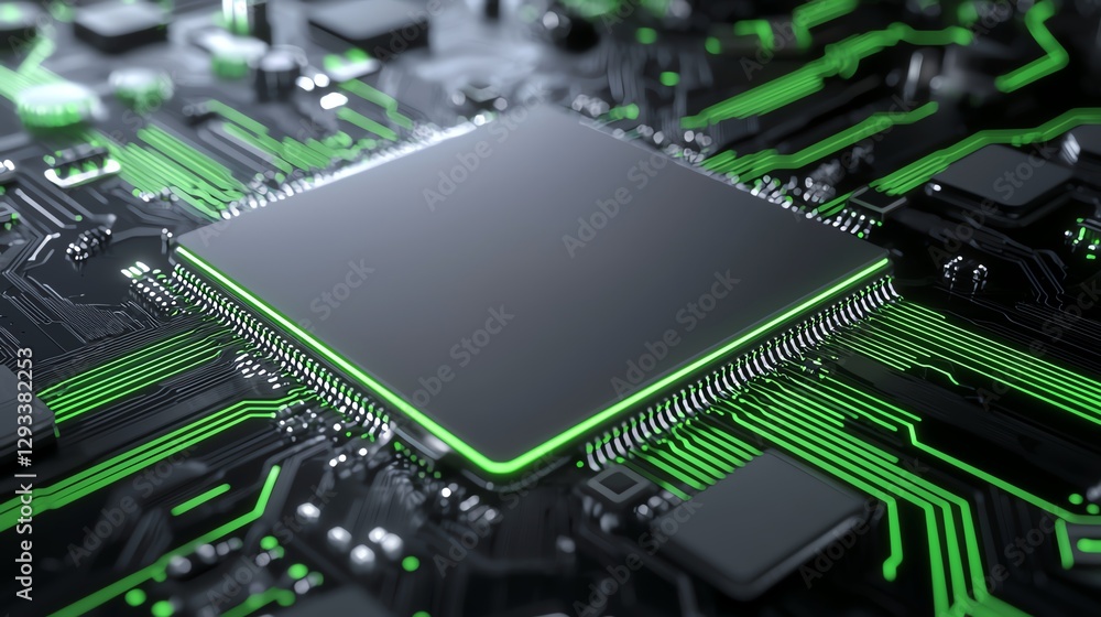 Aufkleber close-up of a modern microchip with green circuit lines on a motherboard, representing digital techn