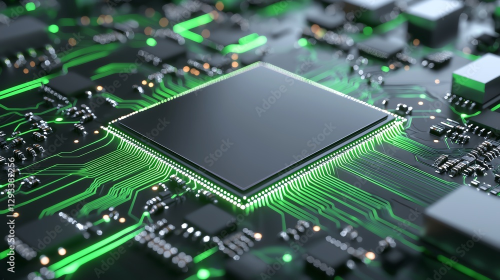 Poster close-up of a modern microchip on a circuit board with green lights, symbolizing advanced technology