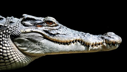 Obraz premium Intense Crocodile Portrait on Black Background CloseUp Capturing Reptilian Majesty and Power in Striking Detail, With Intricate Scales and Deep, Intelligent Eyes Reflecting the Captivating