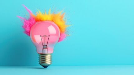Creative idea concept. Light bulb with colorful explosion on blue background. Innovation, inspiration, and imagination.