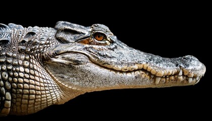 Striking Closeup of a Crocodile Against a Black Background, showcasing Intense Eyes and Detailed Scales, an Upclose Study of this Prehistoric Reptiles Power and Majesty.