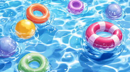 Pool party poster, summer background with colorful inflatable rings and balls float in swimming pool top view. Cartoon invitation flyer, card for summertime vacation entertainment, Vector illustration