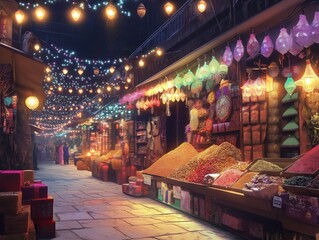Colorful street market with Eid gift stalls glowing fairy lights and aromatic spice displays