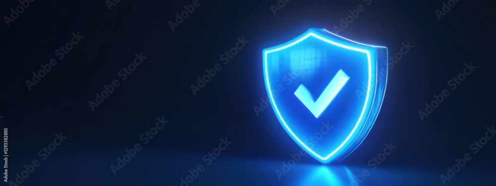 Aufkleber bright blue shield with check mark glowing in dark space representing security and protection in dig