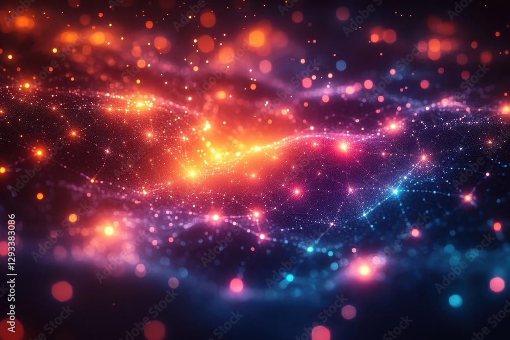 Poster cosmic wave of colorful lights and particles representing data and energy in a digital universe