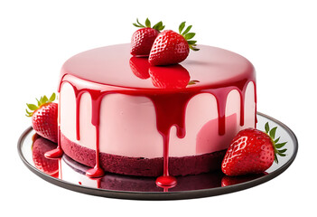 Strawberry Mousse Cake with Red Velvet Spray and Glossy Mirror Glaze, cut out