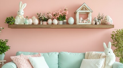 Adorn your living room with Easter cheer, featuring a chic wooden shelf adorned with charming decorations and elegant touches. Ample space for capturing the perfect holiday moments.
