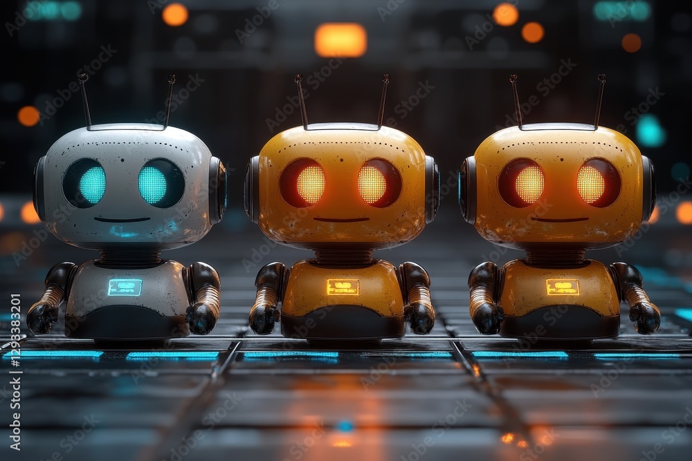 Poster colorful robots stand together in a futuristic setting with bright lights during a tech showcase eve