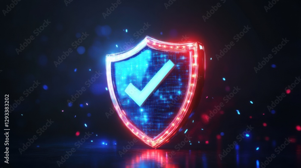 Poster digital shield icon with glowing edges representing security and trust in technology