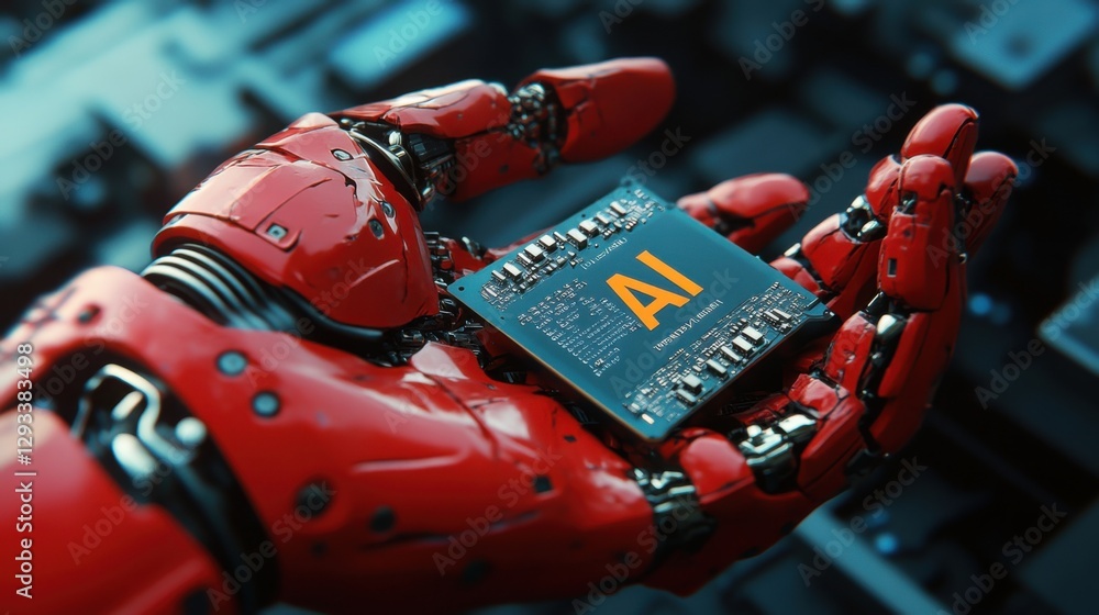 Poster red robotic hand holds ai microchip against a backdrop of advanced technology components in a futuri