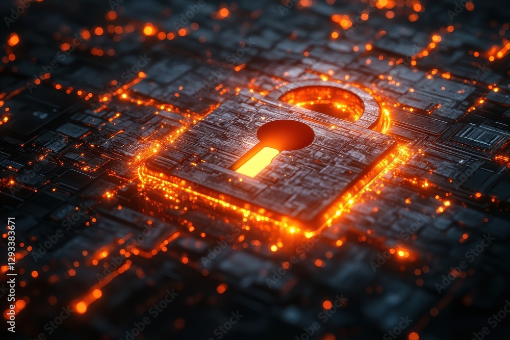 Poster digital padlock glowing on a circuit board background highlights cybersecurity concepts and advancem