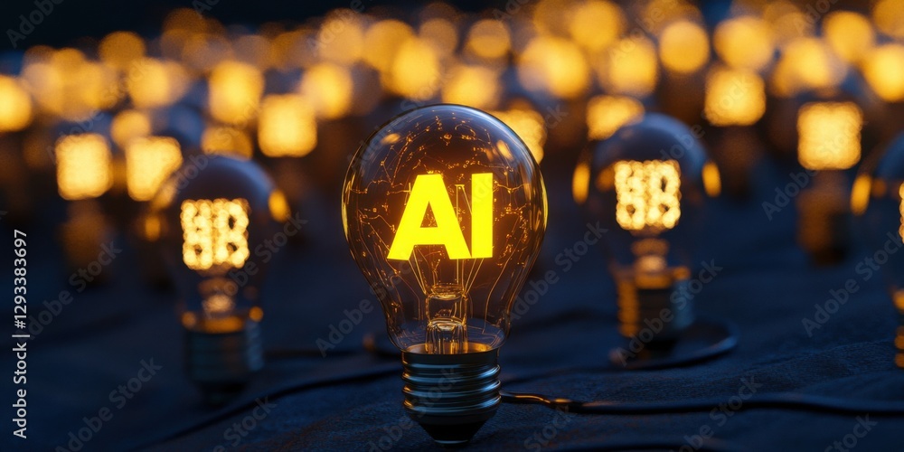 Poster bright bulbs with illuminated ai text symbolize advancements in artificial intelligence technology i