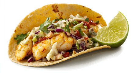 Delicious Fish Taco With Slaw and Lime Wedge