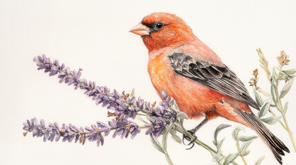 A beautifully crafted watercolor painting of a scarlet tanager perched gracefully on a lavender branch, intricate feather details, soft pastel hues