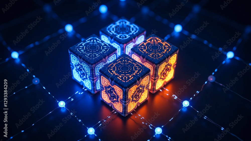Poster an abstract futuristic, abstract technology 3d cubes structure, with intricate circuit patterns on t