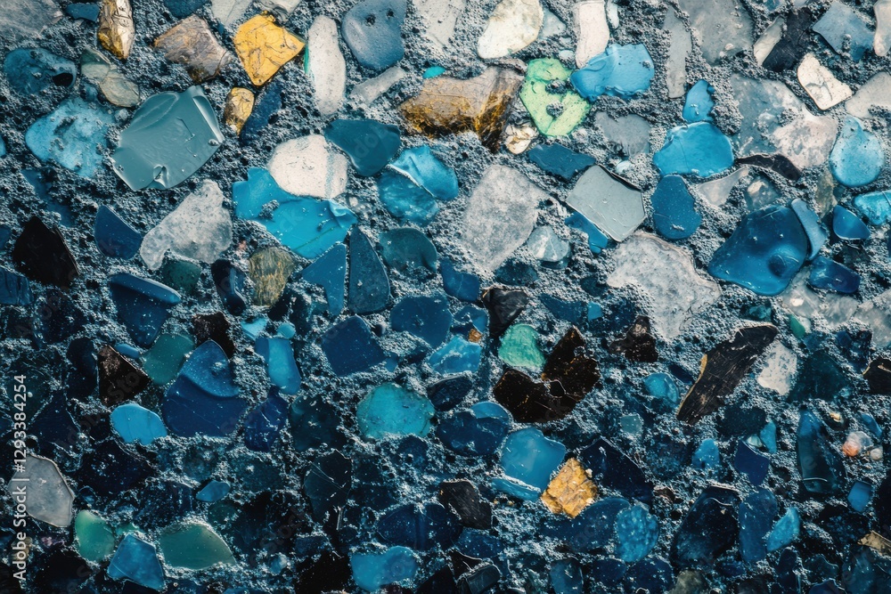 Aufkleber close up view of colorful plastic fragments driven by ocean waves on a calm day at the shore. genera