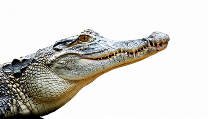 Naklejka premium Dramatic HeadOn Portrait of a Crocodile Against White Backdrop, Capturing the Intense Energy and Majesty of this Ancient Creature in Bold Lighting Conditions.