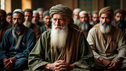 Obraz premium A venerable Muslim sheikh, draped in a traditional robe, sitting amidst a community of devout followers
