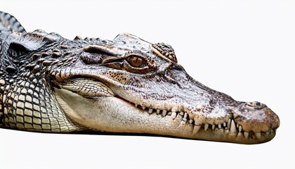 Fototapeta premium Actionpacked Close Up of a Crocodiles Intense Stare Against a White Backdrop, Capturing the Power and Majesty of Natures Apex Predator
