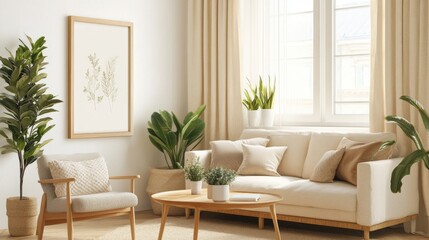 Cozy living room featuring a sofa, armchair, coffee table, and plants. Mock up poster frame and beige curtains create a warm and inviting atmosphere.