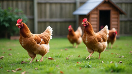 Chickens are running energetically on lush green grass while looking at the camera. The setting includes a wooden coop in the background and scattered leaves on the ground