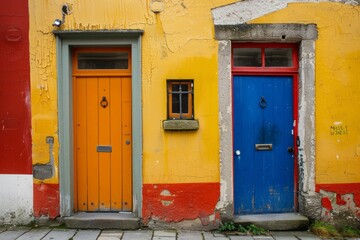 Naklejka premium Photo of Bright color european style wooden doors. Texture for background usage