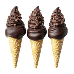 Three delightful ice cream cones topped generously with rich chocolate sauce for a sweet indulgence
