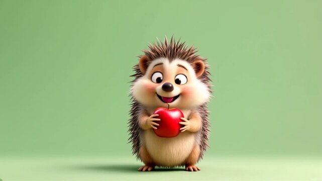 Cute animated hedgehog holding a red apple against a green backdrop, evoking joy and playfulness