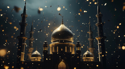 Majestic Golden Mosque Night Scene Festive Sparkling Celebration Illuminated Architecture Detailed Minarets Elegant Design Spiritual Atmosphere Peaceful Holiday Beautiful Golden Dome Dark Night Sky   