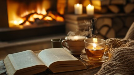 Cozy winter evening by the fireplace, a warm cup of tea, an open book, and scented candles create a relaxing ambiance.