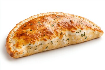 Delicious baked calzone with herbs on a white background. Concept of Italian food, pizza, and cuisine.