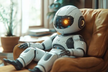Robot relaxes on a cozy armchair in a modern living room filled with greenery and warm lighting during the afternoon