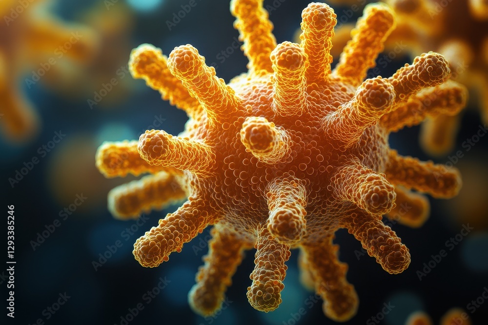 Poster microscopic view of a virus showcasing detailed structure and texture in a scientific context